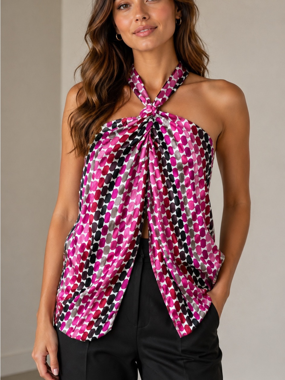 New York & Co Retro Geometric Print Twist Front Halter Top - XS